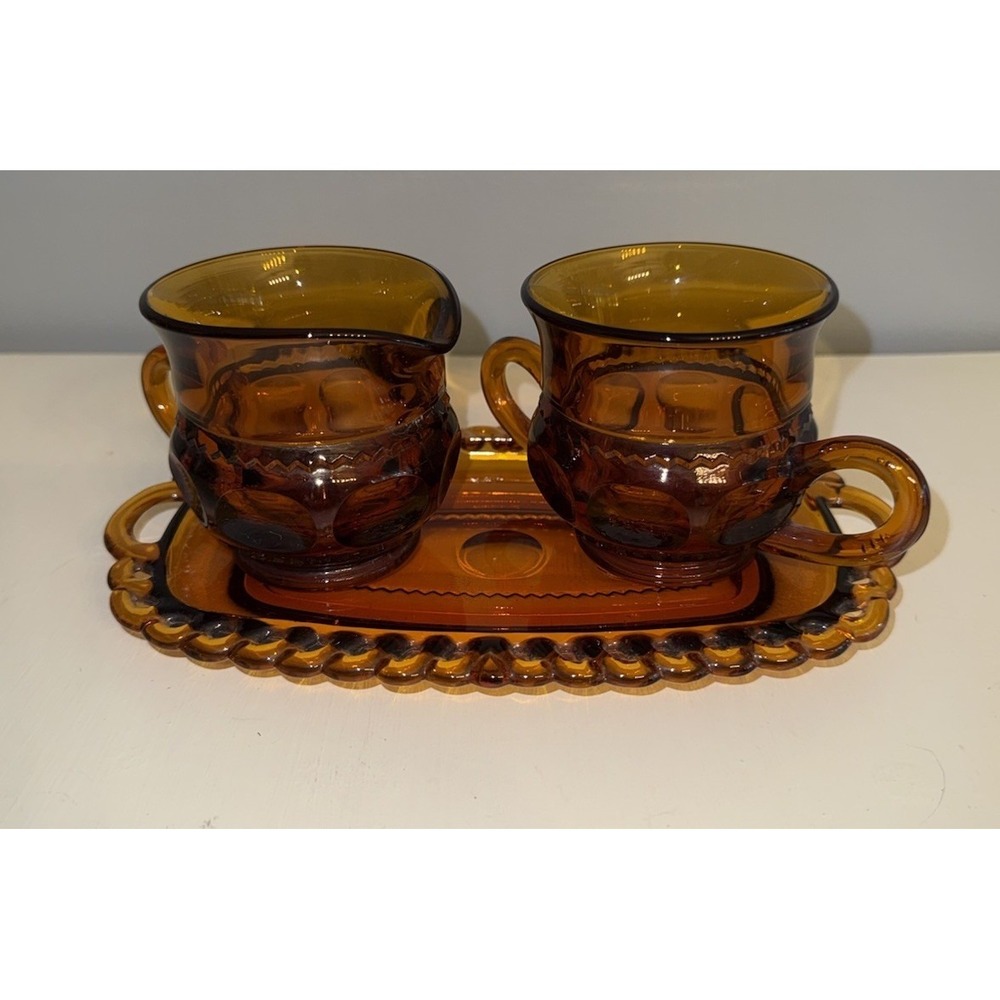 3‎ Pc Set Vtg Indiana Glass KINGS CROWN THUMBPRINT SUGAR CREAMER TRAY Amber MINT